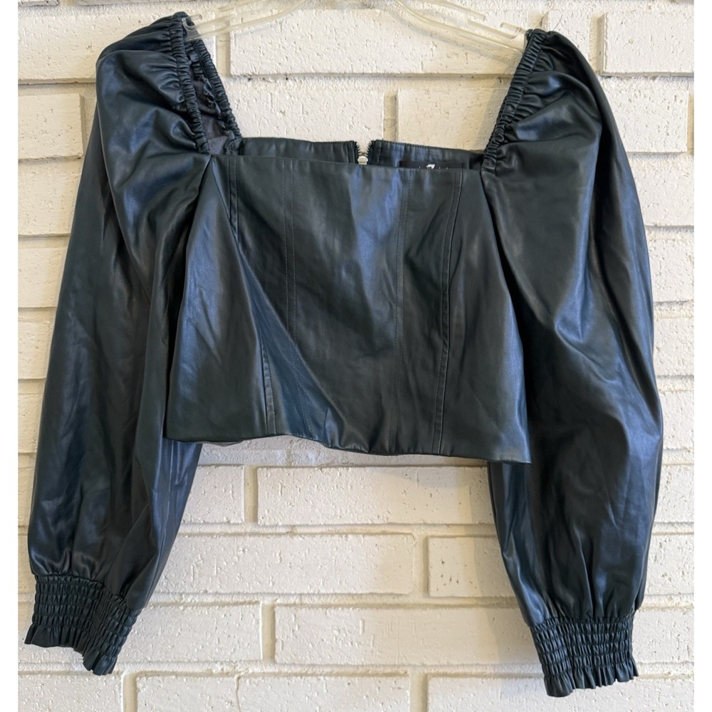 7 For All Mankind Faux Leather Corset Crop Top Puff Long Sleeves Green Size Med.